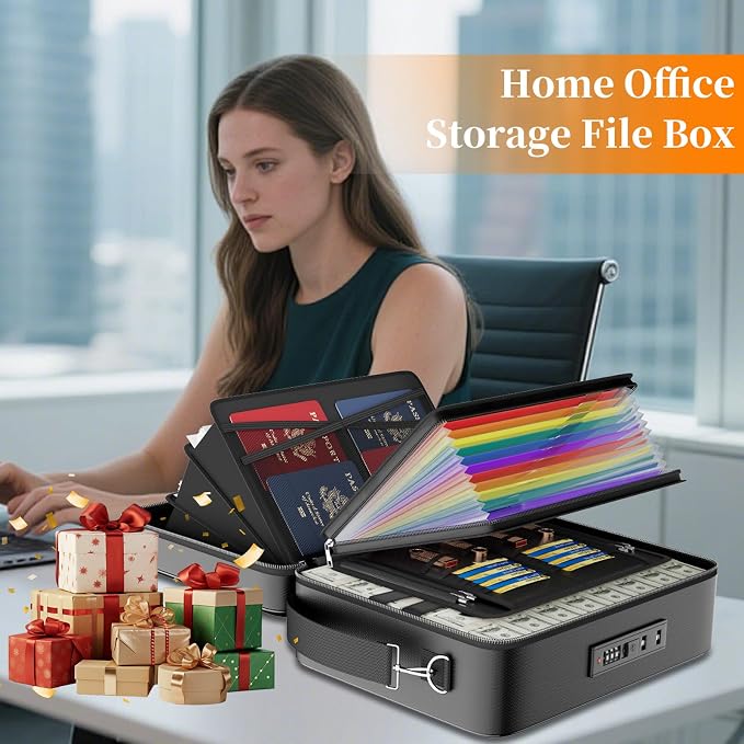 ENGPOW Fireproof Document Box with Lock & 13 Pockets Accordion File Folder | Hard Case File Organizer Home Safe Box with Multi Pockets,Protects Important Documents,Certificates,Laptop,Passports,Black - Image 6