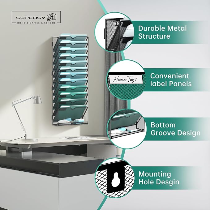 13-Tier Wall File Organizer, Hanging File Holder, Wall Mounted Mail Sorter | Metal Mesh Hanging File Organizer with Open Compartments and Label Panels for Papers and Folders at Home, Office or School - Image 3