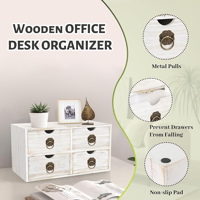 Wood Desk Organizer, White Wooden Desktop Organizer with Drawer, Tabletop Storage Organization Box for Countertop, Home Office Supplies Bills, 13.5x6.6x7.09 Inch(4 Drawer) - Image 5