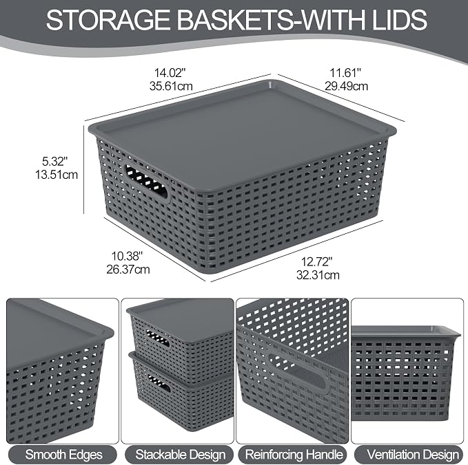 Zopnny Stackable Baskets with Lids, 6-Pack Storage Containers Bin | Plastic Shelf Organizer Bins, Baskets for Organizing Shelves Drawers Desktop Closet Playroom Classroom, Nested Stack, Grey - Image 2