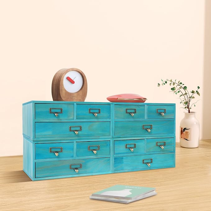 4-Pack Wooden Storage Box with 3 Drawers, Vintage Desktop Organizer Apothecary Cabinet Stackable Drawers with Label Holders for Herb Storage, Tea Collection, Stationery - Image 5