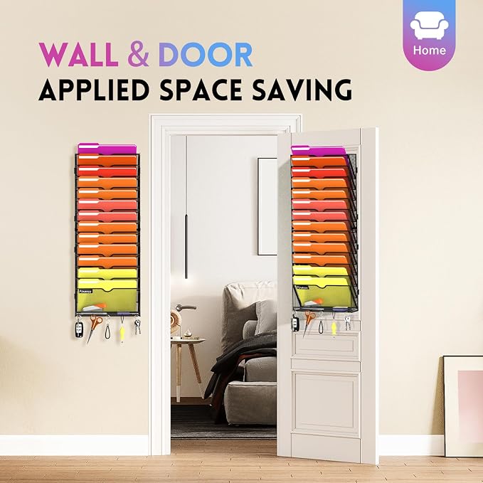 14-Tier Wall File Organizer with Base and Hooks, Hanging Organizer, Black | Wall Organizer and Wall File Holder with 14 Vertical Pockets and Bottom Tray for Files, Mail, Folders, Magazines and Paper - Image 5