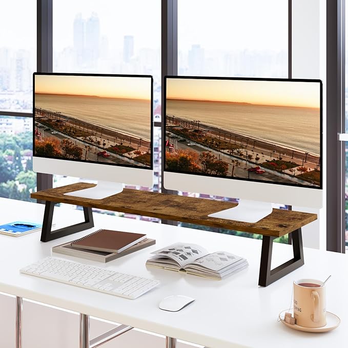 TEAMIX 31.5 inch Dual Monitor Stand Riser, TV Riser, Wood Desk Organizer | For 2 Monitors/Laptop/Printer, Long Computer Stand, Wood & Steel, Holds 150 lbs, PS5/Keyboard Storage, For Home Office Gaming - Image 3