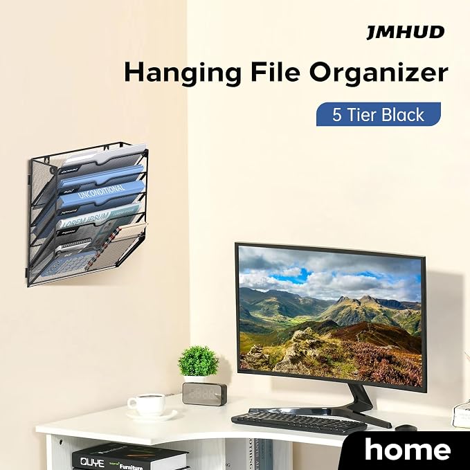 5-Tier Wall File Organizer and Hanging File Organizer, Black | Wall Organizer and Wall Mounted File Holder with 5 Pockets and Label Panels for Files, Mail, Folders, Magazines and Paper - Image 3