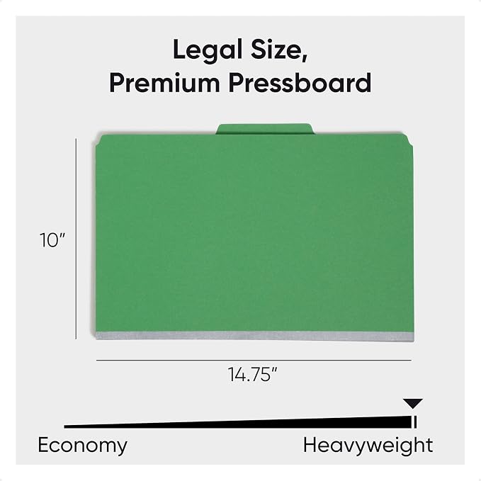 Smead Pressboard Legal Size File Folders with SafeSHIELD Fasteners, 2 Dividers, 2" Expansion, Office Folders, Paper Holder, Green, 10 per Box (19033) - Image 5