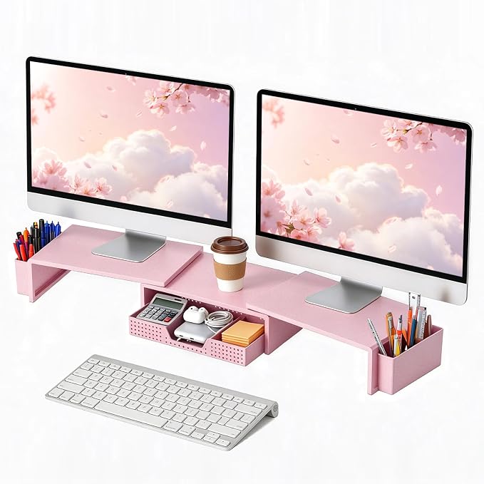 LEKETREE Dual Monitor Stand Riser with Drawer, Desk Organizer and Accessories, Monitor Stand for Desk, Desktop Stand for Computer, Laptop, TV and More (Pink) by Stylishworkspaceeffortlessorganization