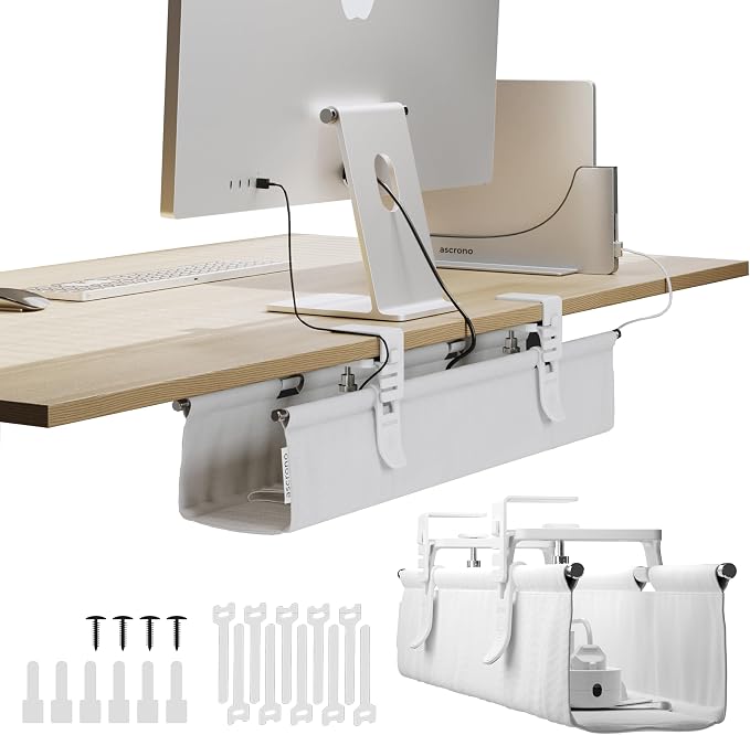 Original No Drill Under Desk Cable Management Tray 27.3" - Premium White Fabric Cable Management Under Desk - Clamp/Screw Mount Cord Organizer - Supports Upto 66lbs by Ascrono