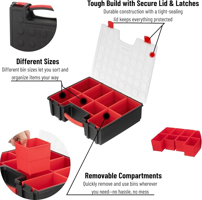 INTERTOOL Hardware Organizer with 8 Deep Removable Bins - Small Parts Storage Tool Box for Nuts, Bolts, Screws, Nails - 16.5" x 13" x 4.5" - Portable Handle Transparent Lid with Locks BX08-4034 - Image 2