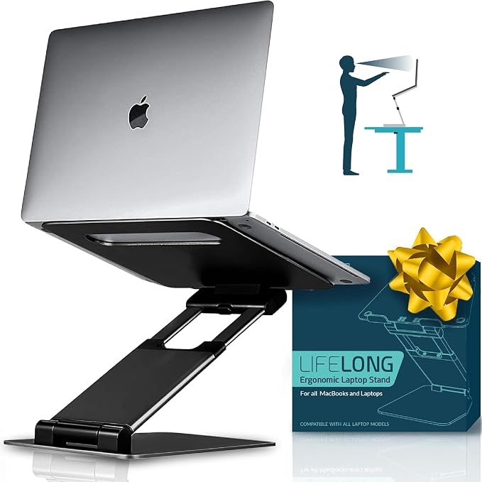Lifelong Aluminum Adjustable Laptop Stand, Extra Tall 20" Riser, Black | Ergonomic Laptop Stand for Desk, Portable Foldable Computer Stand, Fits 10-17 Inch Laptops & MacBooks by LIFELONG