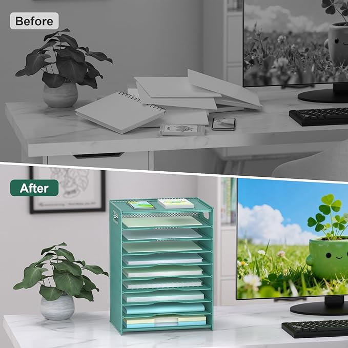 OUTWOLF 10 Tier Paper Organizer - Letter Tray Mesh Desk File Organizer with Handles for Office School Desktop, Green - Image 4