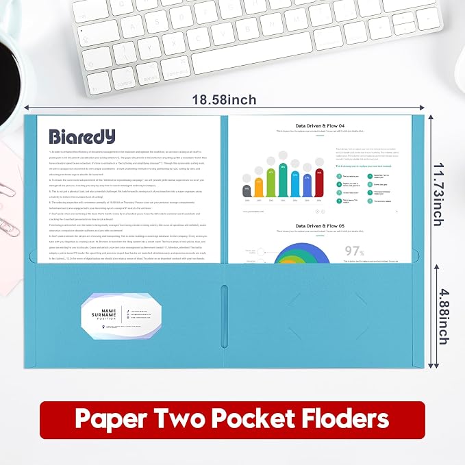 100 Pack 2 Pocket Folders, Letter Size 8.5" x 11" Folders with Business Card Slot, Durable Paper Bulk File Folders for Office, School, Presentation Home and Business Use, Blue Assorted - Image 3