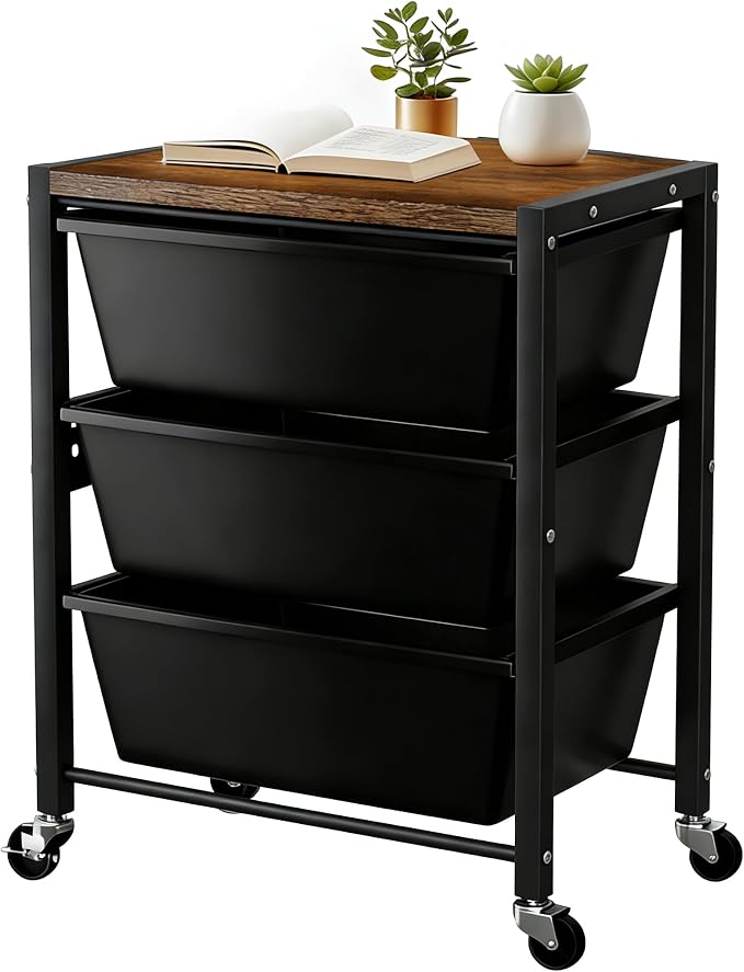 Rolling Cart with 3 Drawers, Plastic Drawer Storage Carts with Lockable Wheels & Wooden Tabletop, Metal Utility Cart Organizer, Office Bedroom Classroom Craft Organization and Storage, Dark Black by TimeForest