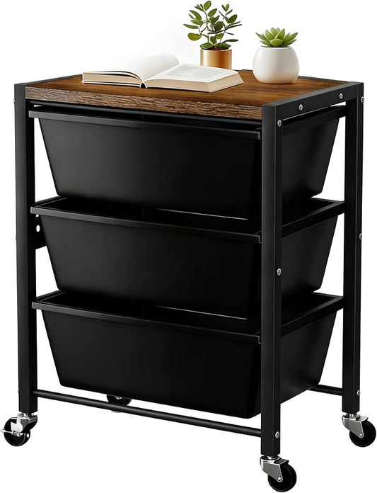 Rolling Cart with 3 Drawers, Plastic Drawer Storage Carts with Lockable Wheels & Wooden Tabletop, Metal Utility Cart Organizer, Office Bedroom Classroom Craft Organization and Storage, Dark Black by TimeForest