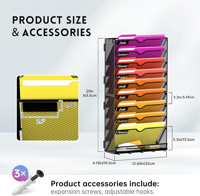 10-Tier Wall File Organizer with Base and Hooks, Hanging Organizer, Black | Wall Organizer and Wall File Holder with 10 Vertical Pockets and Bottom Tray for Files, Mail, Folders, Magazines and Paper - Image 7
