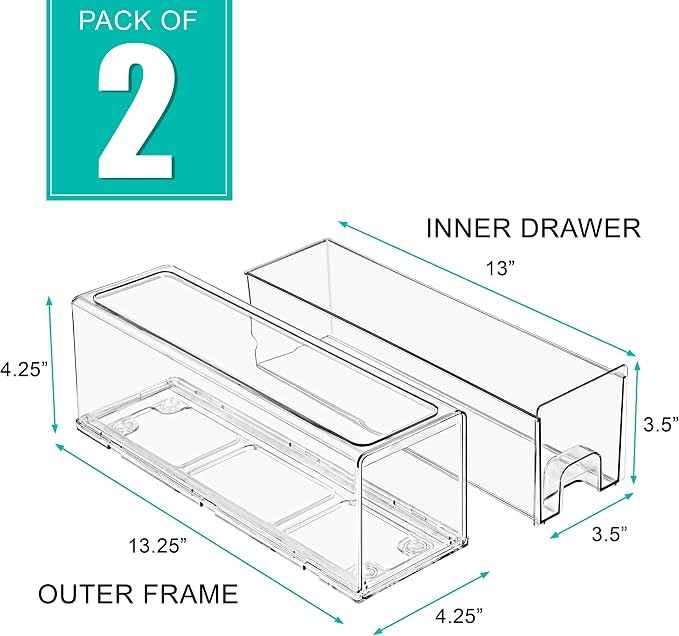 Sorbus Small Clear Acrylic Storage Drawers (2 Pack) - Stackable Plastic Organizer Bins for Fridge, Freezer, Pantry, and Bathroom - Image 3