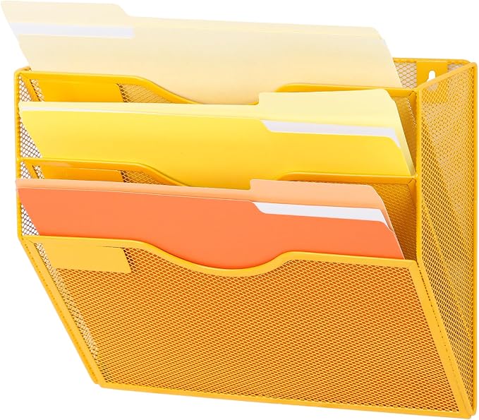 3 Pocket Mesh Hanging Wall File Organizer, Wall Mounted Mail Paper Document Folder Holder, Clipboard Storage Organization Magazine Rack with Nametag Label for Office Home School, Yellow by EASEPRES