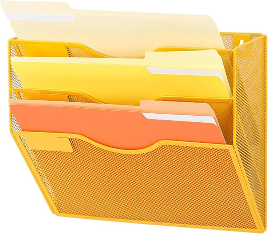 3 Pocket Mesh Hanging Wall File Organizer, Wall Mounted Mail Paper Document Folder Holder, Clipboard Storage Organization Magazine Rack with Nametag Label for Office Home School, Yellow by EASEPRES