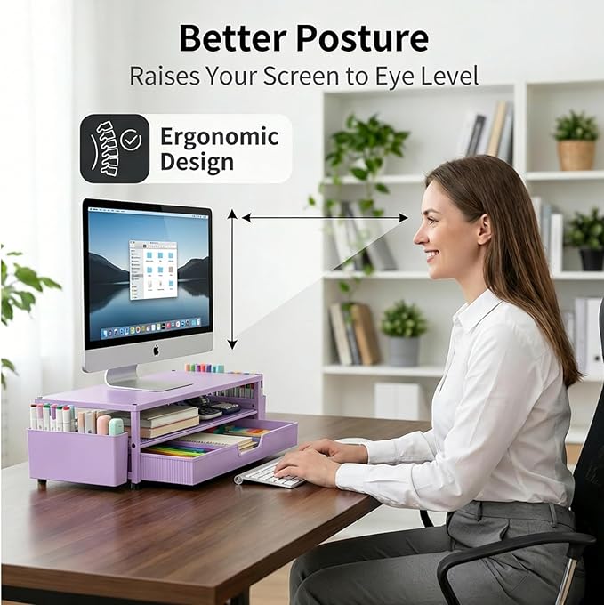 ECOLOVI Desk Organizer and Accessories, 2-Tier Computer Monitor Stand Rise with Storage Drawer & 2 Pen Holders, Laptop & Printer Stand for Desktop, Workspace Organizers for Office Supplies (Purple) - Image 4