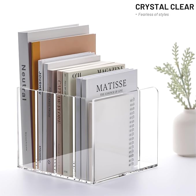 YUXUN Acrylic Magazine Holder,Clear Desk Organizer File Sorter for Notebook,Paper,Envelope,Magazine, Book Storage-Office/Home/Classroom Organization(4 Compartments,B5) - Image 5