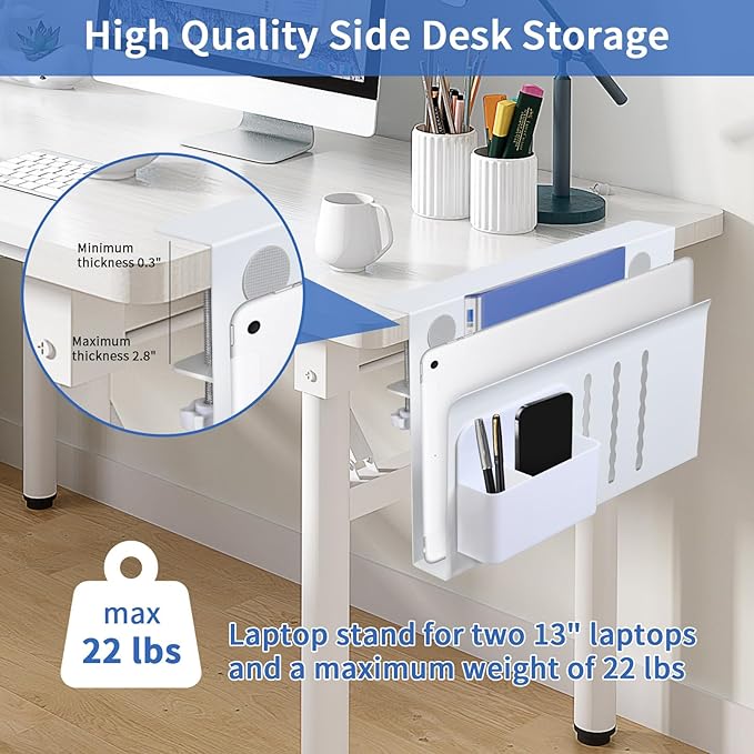 LUKETURE Desk Side Storage, Steel Side Desk Organizer, No Drill Laptop Holder, Clamp on Laptop Mount with Pen Holder, Table Hanging Storage for Home Office, Fits Flat Edge Tables 0.3" to 2.8" | Steel Side Desk Organizer, Clamp on Laptop Mount with Pen ... - Image 2