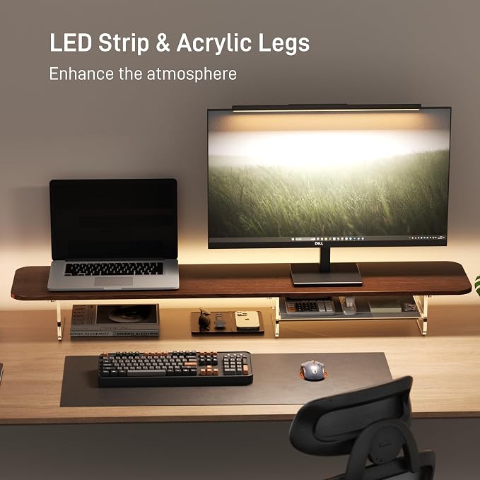 Dual Monitor Stand 43 Inch Extra Large Monitor Riser for Desk, Acrylic Clear Legs Desk Organizer Shelf with Felt Lining Storage Drawer, Compatible with Computer Laptop PC Printer Flat Screen TV - Image 3
