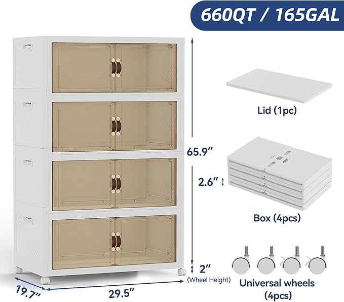 SAILUN 674QT/168Gal Stackable Storage Bins with a Lid, Collapsible Storage Bins With Doors, Folding Cabinet for Home Closet Organization,4 Pack-30 W x 19.7" D x 65.9" H White - Image 2