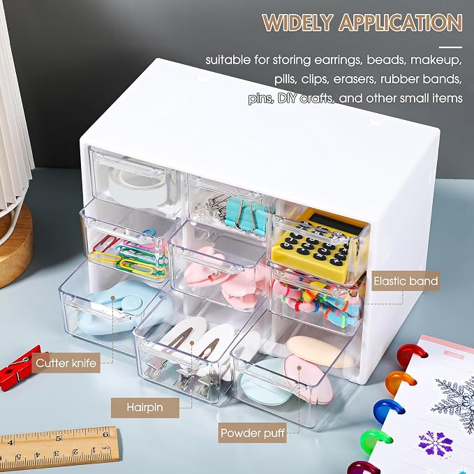 Rtteri 9 Pieces Mini Drawer Organizer Plastic Desktop Storage Box Desk Craft Organizer with 9 Clear Drawers for Office Home Jewelry Small Parts Belongings Cosmetics Collection, Wall Mounted (White) - Image 5