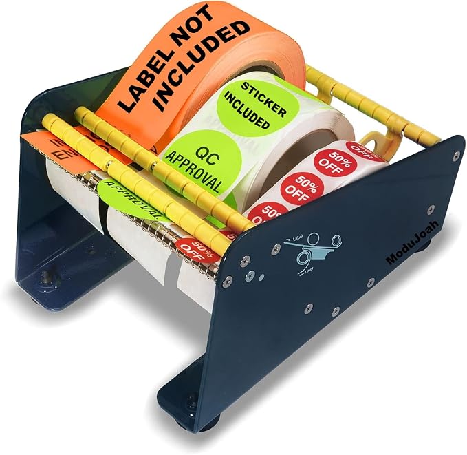 MDJ by Excell Manual Metal Label Sticker Dispenser with 4 Suction Cups Base for Tabletop, Adjustable Holder for Multiple Rolls for Office, Home, Warehouse, Easy Peel Off, Fits up to 6.5" Wide Labels by ModuJoah