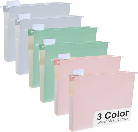 Y YOMA Letter Size - 6 Pack Extra Capacity Hanging File Folders Accordion Decorative Reinforced File Folder Cute Colored Expandable Folder for Office Home with 1/5-Cut Adjustable Tabs, Pastel Color by YYOMA