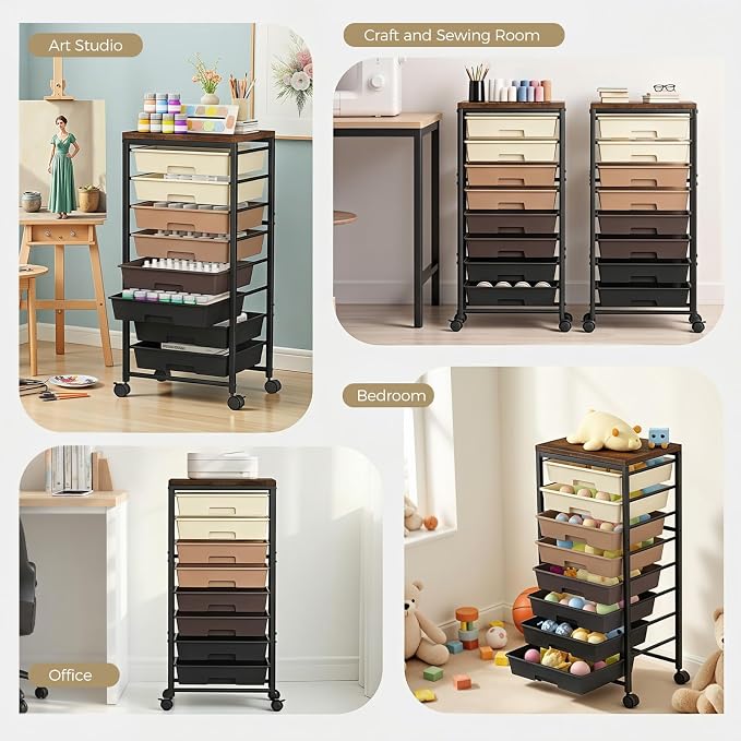 Rolling Cart with 8 Drawers, Plastic Drawer Storage Carts with Wheels & Wooden Tabletop, Metal Utility Cart Organizer for Bedroom Living Room Office Classroom Craft Organization and Storage, Brown - Image 6