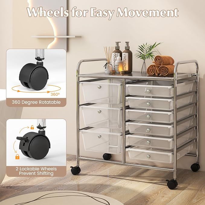 COSTWAY Rolling Storage Cart with 9 Drawer, Utility Cart with Metal Frame | Mobile Art Supply Craft Organizer, Multipurpose Storage Organizer for Paper, Office, School Teacher, Classroom, Transparent - Image 5