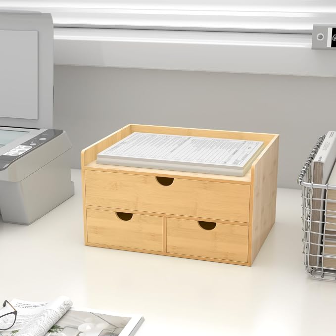 Bamboo Desk Drawer Organizer, Large Desktop Organizer with Drawers Tabletop Storage Organization Box for Office Home Toiletries Supplies Vanity, No Assembly Required (3 Drawer with Shelf) - Image 2