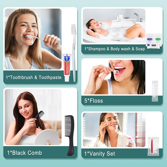 100 Sets Personal Hygiene Kit Bulk, Disposable Toothbrushes with Toothpaste Floss Comb Soap Cover Shampoo Body Wash and Vanity Kit, Toiletry Kits Homeless Supplies Bulk for Women,Men,Travel,Homeless
