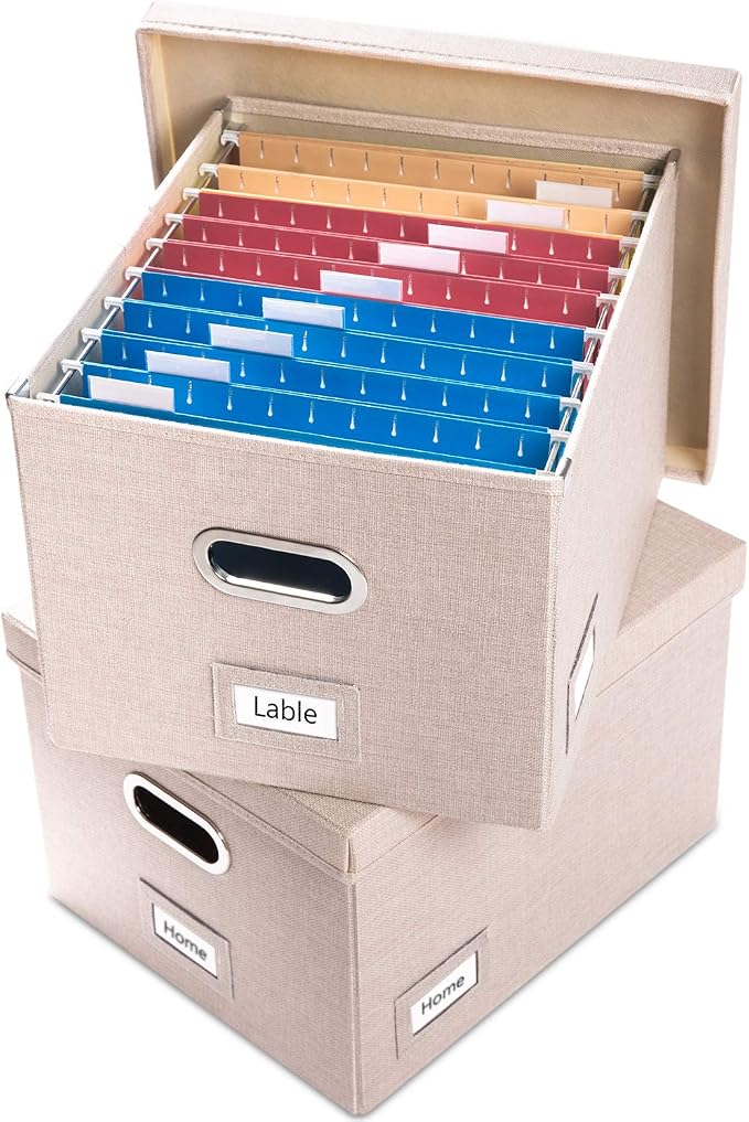 File Organizer Box - Set of 2 Collapsible Decorative Linen Filing Storage Hanging File Folders with Lids Office Cabinet Letter/Legal Size Light Grey (17x14x11.2 inch) by Prandom