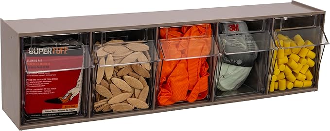 Akro-Mils TiltView Plastic Storage Cabinet with 5 Tilt Out Bins, Horizontal Plastic Parts Organizer, Teacher Toolbox, and Office Supply Organizer, 23-5/8" W x 6-1/2" H x 5-5/8" D, Mocha Raspberry - Image 5