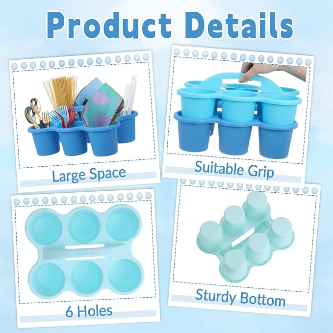 6 Pack Classroom Caddy Organizer with Handle Gradient Blue Plastic Table Caddy Drink Cup Caddies Holder 12x9x3.5 Inches Storage School Supplies 6 Compartments for Table Crayon Pencil Cup Marker Craft - Image 3
