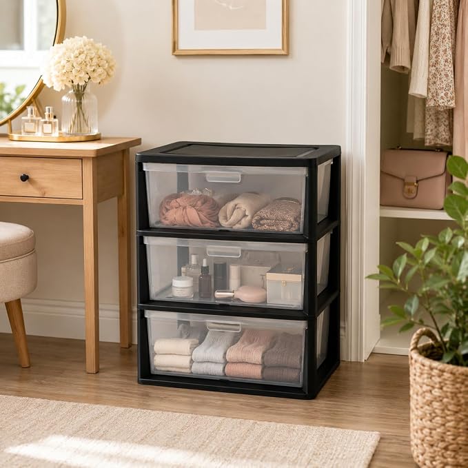 3-Drawer Storage Tower, Plastic Organizer with Clear Removable Bins, Black - Image 4