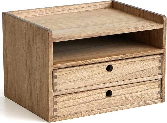 KIRIGEN Wooden Desk Organizer with 2 Drawers and Top Tray, Brown 3D2C-DBR | Three-Tier Desktop Storage Cabinet Stores Papers, Office Supplies, Cosmetics, Crafts, and Small Accessories for Home Office by KIRIGEN
