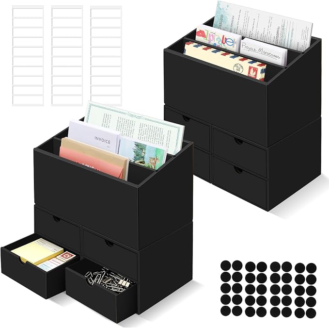 2 Sets Desktop Mail Organizer with Drawers, 3-Compartment Stepped Mail Sorter and 2-Drawer Storage Box for Bills, Letters, Envelopes, Papers, Home Office, Reception, Entryway and Mailroom by QLOUNI