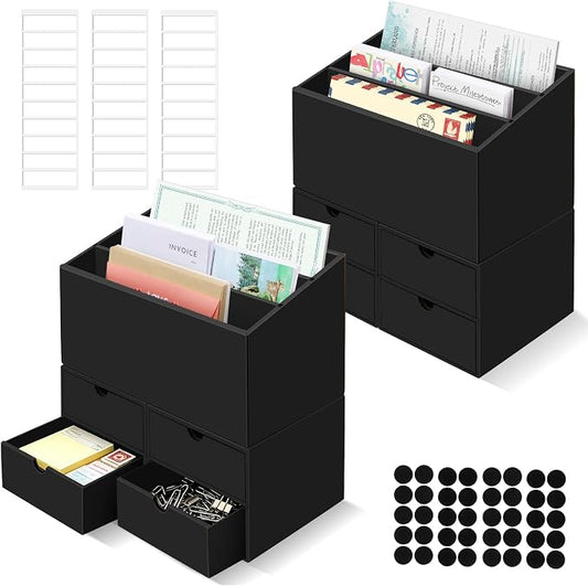2 Sets Desktop Mail Organizer with Drawers, 3-Compartment Stepped Mail Sorter and 2-Drawer Storage Box for Bills, Letters, Envelopes, Papers, Home Office, Reception, Entryway and Mailroom by QLOUNI