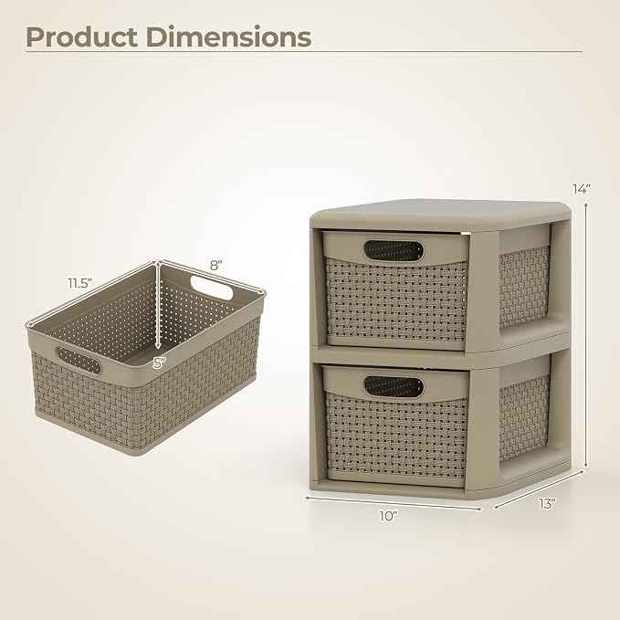 Giantex 2-Drawer Storage Organizer, Plastic Wicker Tower Baskets, Counterop & Under-desk Compact Container Boxes for Office, Bedroom, Bathroom, Living Room, Taupe - Image 3