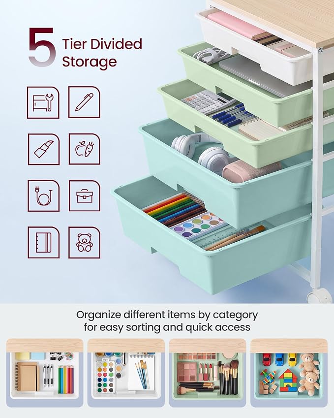VASAGLE 5-Drawer Rolling Storage Cart, Mobile Organizer Trolley with Wood Top and Metal Frame, for Craft Room, Office, 15.6 x 11.2 x 24.8 inch, Green and White, Benco Collection ULRC005C101 - Image 6