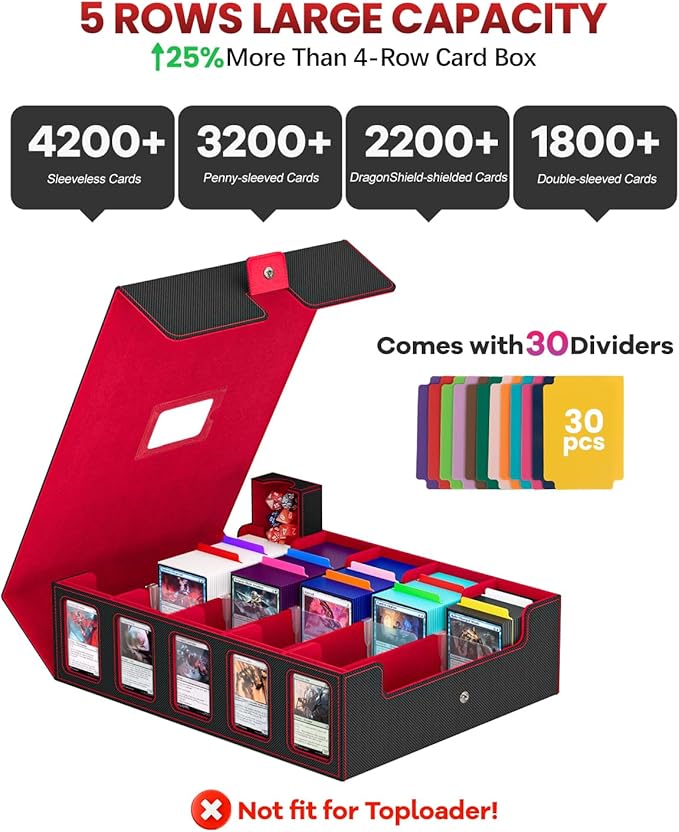 5 Row Trading Card Storage Box, Fit 4200+ Sleeveless Cards, Black & Red | Large Capacity, Portable Handle, Include 30 Divider, 8 Supporters, 1 Dice Tray, Compatible for MTG/TCG/Magic Sports Cards - Image 2