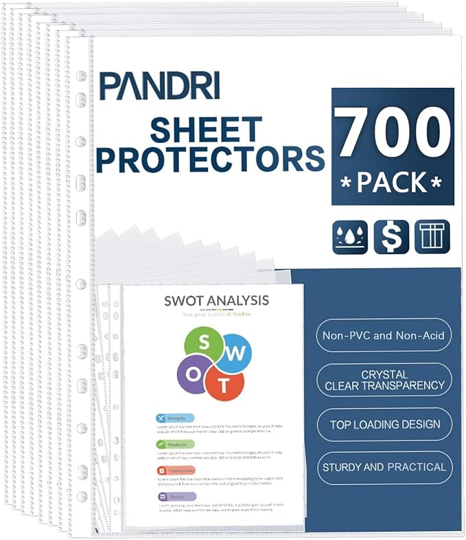 Sheet Protectors, PANDRI 700 Pack Clear Heavy Duty Plastic Page Protectors Sheet Reinforced 11-Hole Fit for 3 Ring Binder Fits Standard 8.5 x 11 Paper, 9.25 x 11.25 Top Loaded, Excluding Acid by PANDRI