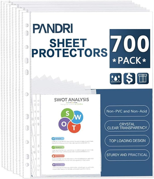 Sheet Protectors, PANDRI 700 Pack Clear Heavy Duty Plastic Page Protectors Sheet Reinforced 11-Hole Fit for 3 Ring Binder Fits Standard 8.5 x 11 Paper, 9.25 x 11.25 Top Loaded, Excluding Acid by PANDRI