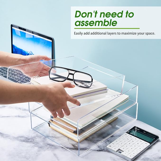 Harloon 4 Tier Paper Organizer Letter Tray Acrylic Desk File Organizer Heavy Duty Stackable Documents Clear Letter Paper Holder Sorter Office Tray for A4, Office Classroom Home File Pad Notebooks - Image 3