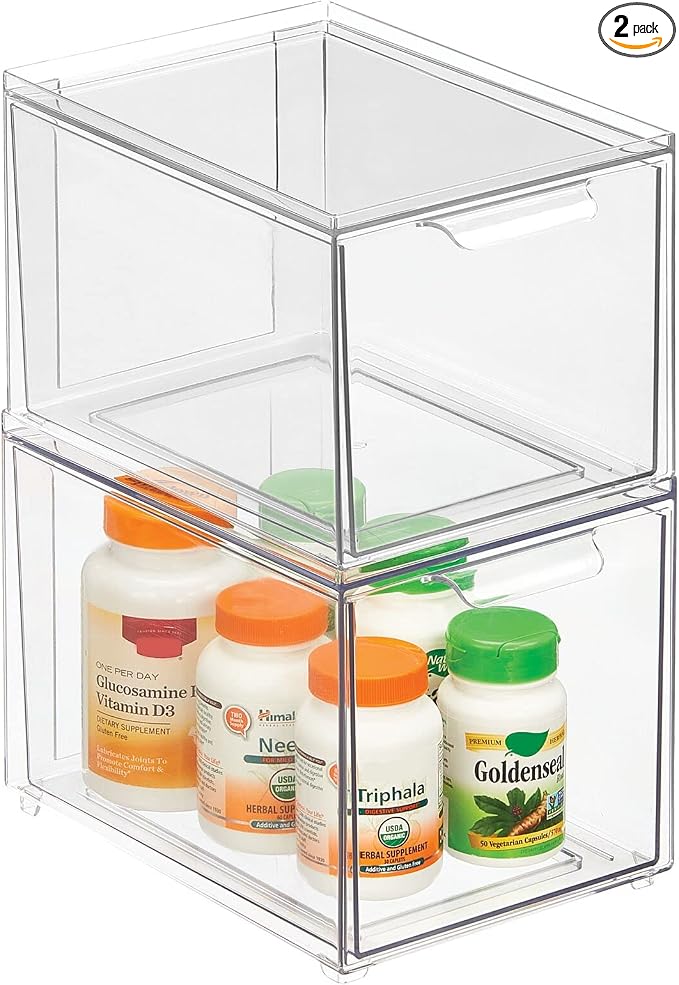 mDesign Plastic Bathroom Organizer Bin w/Pull Out Drawer - Slim Stackable Storage Container for Bathroom Accessories - Perfect for Organizing Bathroom Cabinet - Lumiere Collection - 2 Pack - Clear by mDesign