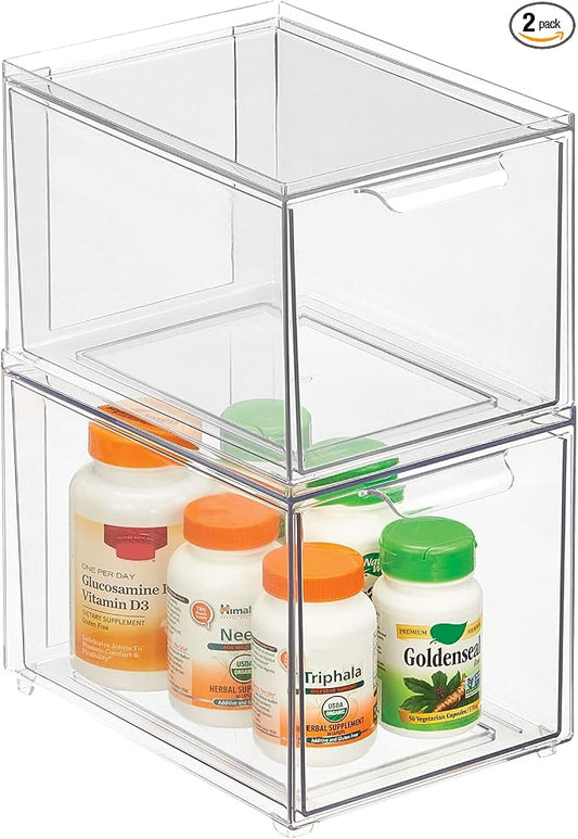 mDesign Plastic Bathroom Organizer Bin w/Pull Out Drawer - Slim Stackable Storage Container for Bathroom Accessories - Perfect for Organizing Bathroom Cabinet - Lumiere Collection - 2 Pack - Clear by mDesign