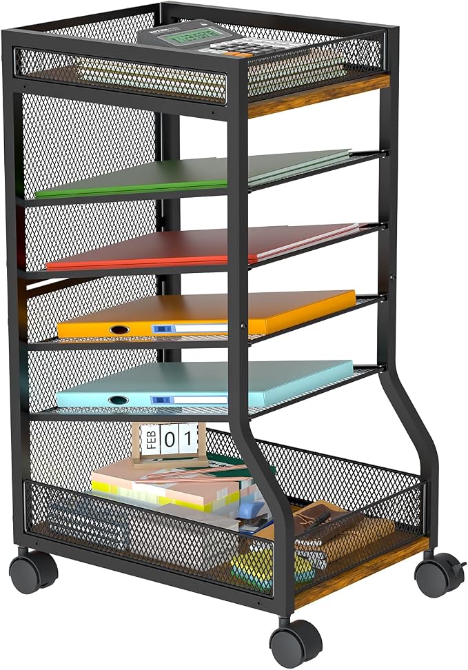 6-Tier Standing File Organizer, Rolling Under Desk Organizer for Office | with Sliding Mesh Paper Letter Trays, Slim Rolling File Cart Under Desk File Holder for Home/Office/Study Organization by keomaisyto
