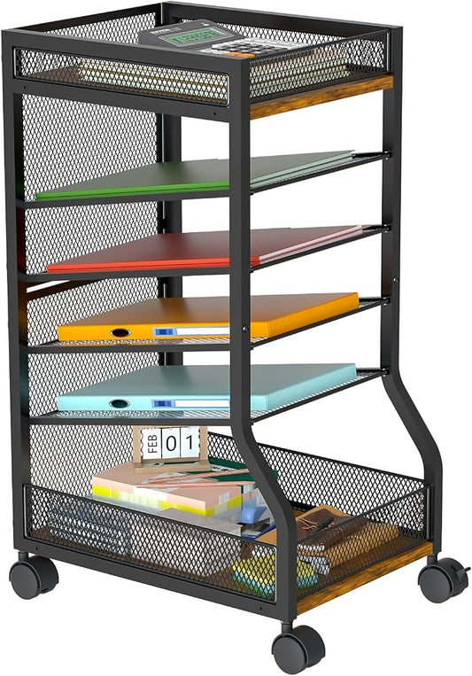 6-Tier Standing File Organizer, Rolling Under Desk Organizer for Office | with Sliding Mesh Paper Letter Trays, Slim Rolling File Cart Under Desk File Holder for Home/Office/Study Organization by keomaisyto